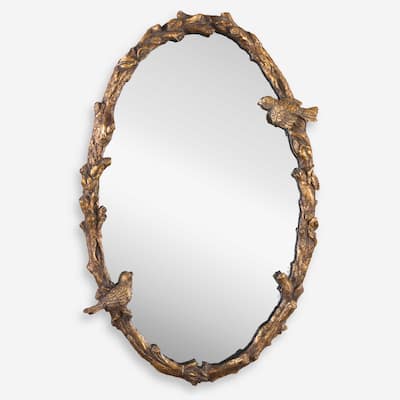 Distressed Bird and Vine Oval Wall Mirror - 34" - Gold and Gray