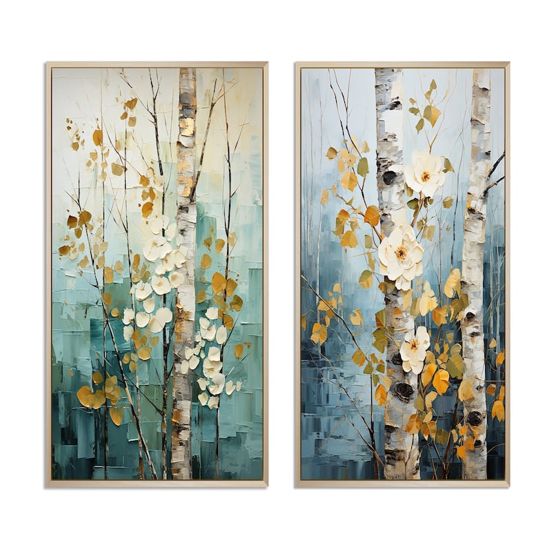 Designart "Birch Woods Whispering Winds IV" Tree Birch Framed Wall Art Set Of 2 - Blue Canvas Set For Living Room Decor