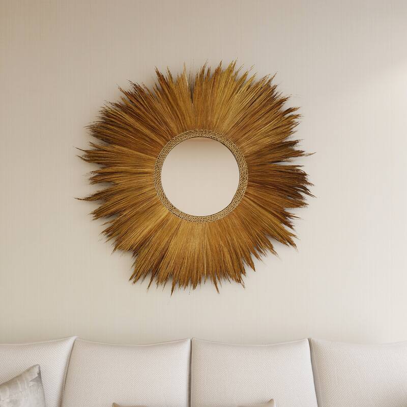 Brown Dried Plant Tribal Inspired Sunburst Grass Room Wall Mirror with Coiled Rope Center - 45 x 2 x 45Round