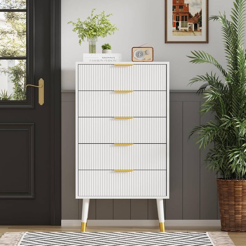 Modern 5-Drawer Fluted Dresser, 57" Wide Wood Chest of Drawers - White