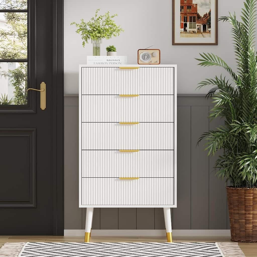 Modern 5-Drawer Fluted Dresser, 57" Wide Wood Chest of Drawers