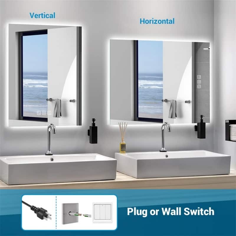 Clear Glass LED Vanity Mirror with Defog, Dimmable Light and Touch Control - 36” x 28”