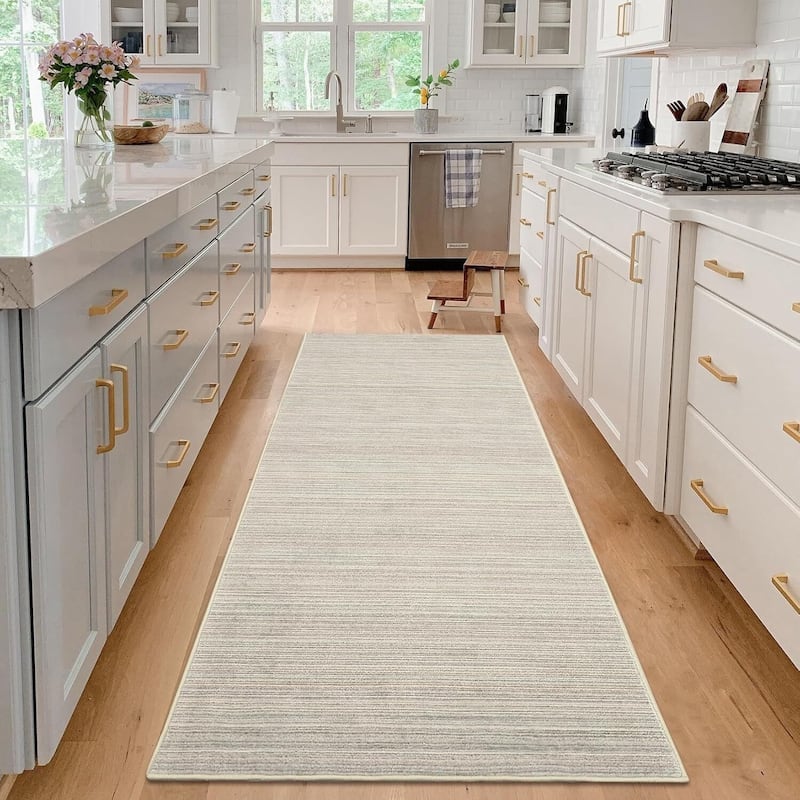 Modern Stripe Machine Washable Area Rug for Bedroom, Living Room, Beige - 1'6" x 2'6"