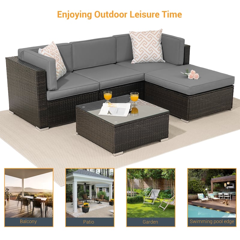 LIVOOSUN 5Pcs Outdoor Furniture Conversation PE Rattan Wicker Sofa Set