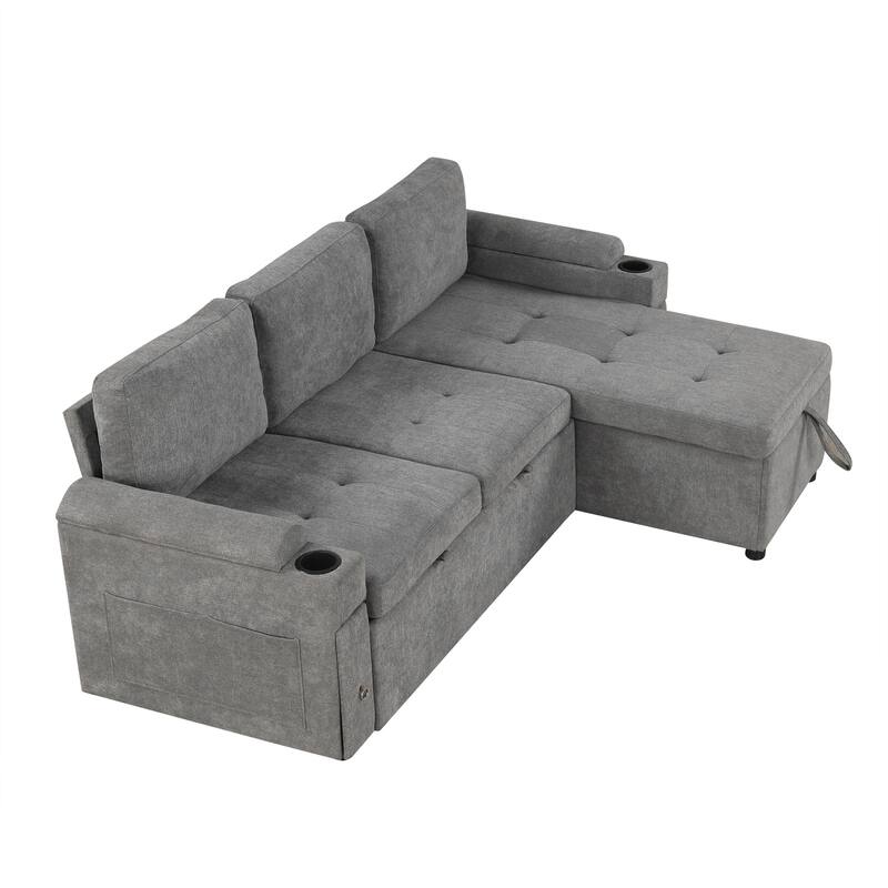 L-Shaped Convertible Sofa Bed with Reversible Chaise Lounge, Chenille Fabric Sectional Sofa with 2 Cup Holders & 2 USB Ports