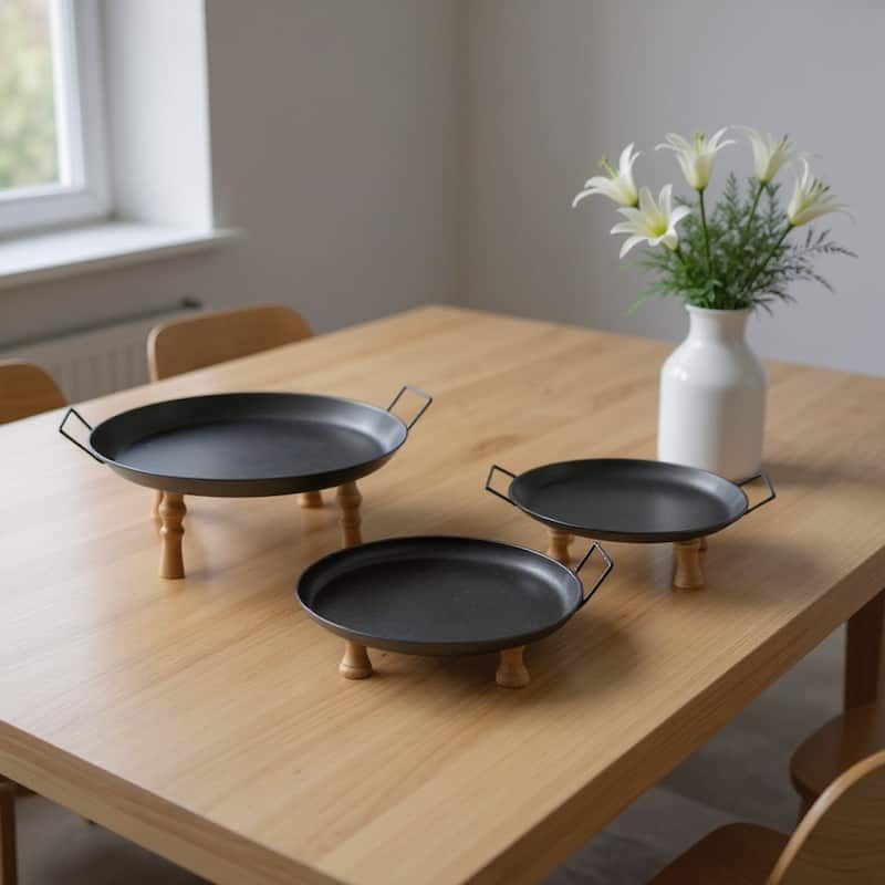 HomeRoots Set of Three Black And Brown Wood And Metal Round Riser Trays With Handles - 17.25 in. x 21.50 in. x 8.00 in. - Brown/Black - 17.25 in. x 21.50 in.  x 8.00 in.