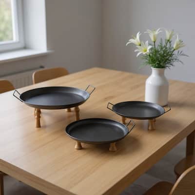 HomeRoots Set of Three Black And Brown Wood And Metal Round Riser Trays With Handles - 17.25 in. x 21.50 in. x 8.00 in.