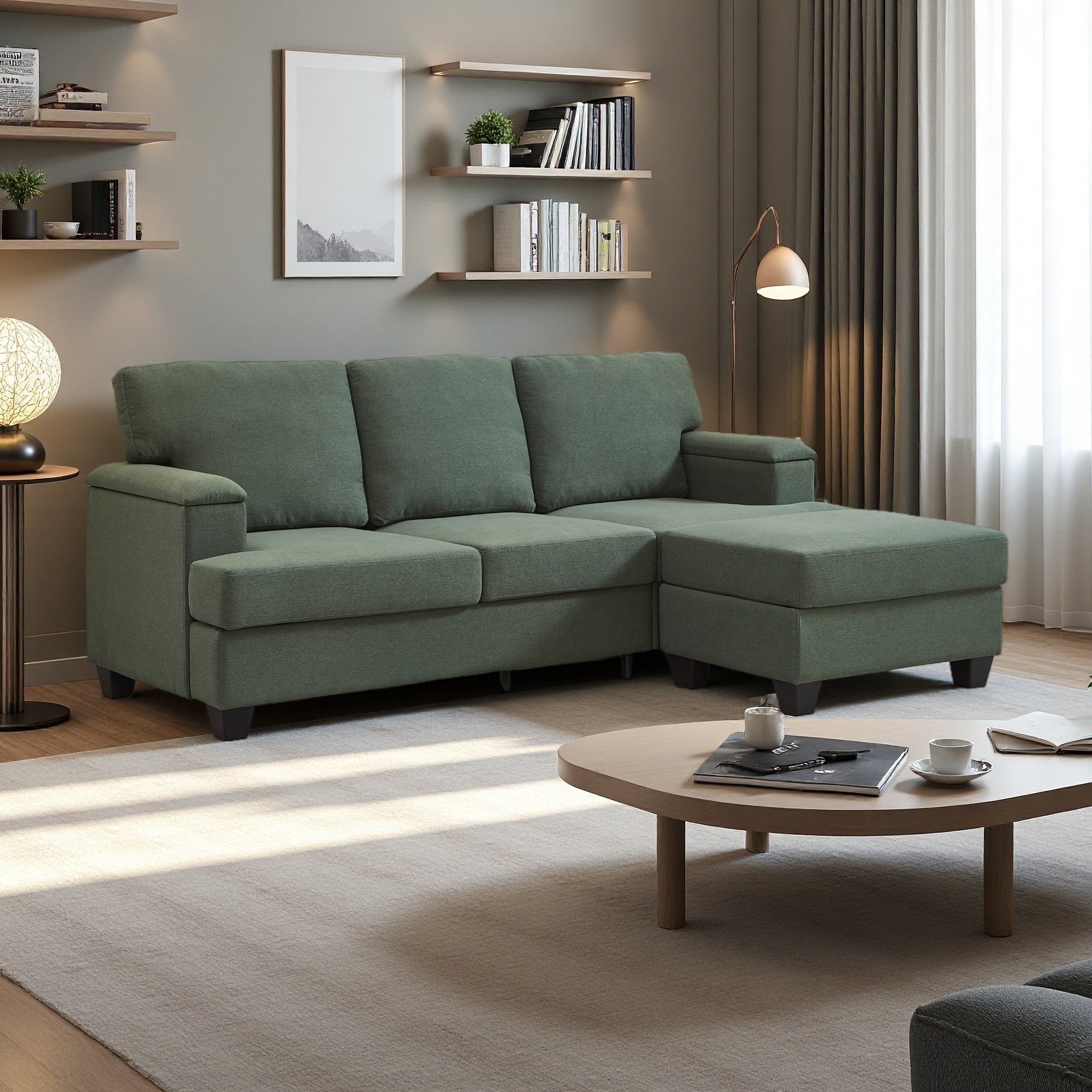 85.83" Linen L-Shaped 3-Seat Sectional Sofa with Armrest Storage and Movable Ottoman