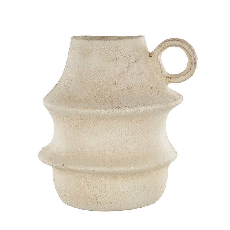 Cream Paper Mache Fluted Decorative Vase with Brown Distressed Texturing and Ring Handle
