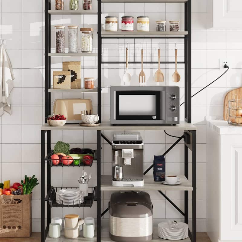 Bakers Rack with Power Outlet for Kitchen Spice