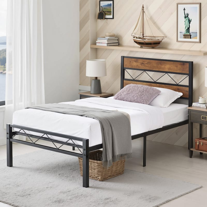 VECELO Vintage Metal Platform Bed Frame with Wood Headboard, Storage Bed, Noise-Free, No Box Spring Needed, Twin/Full/Queen Size - Rustic Brown - Twin