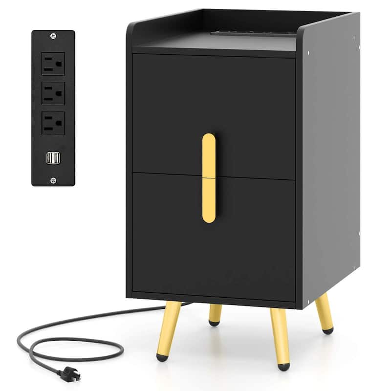 Costway Nightstand with Charging Station Home Bedside Sofa Side Tables - Black