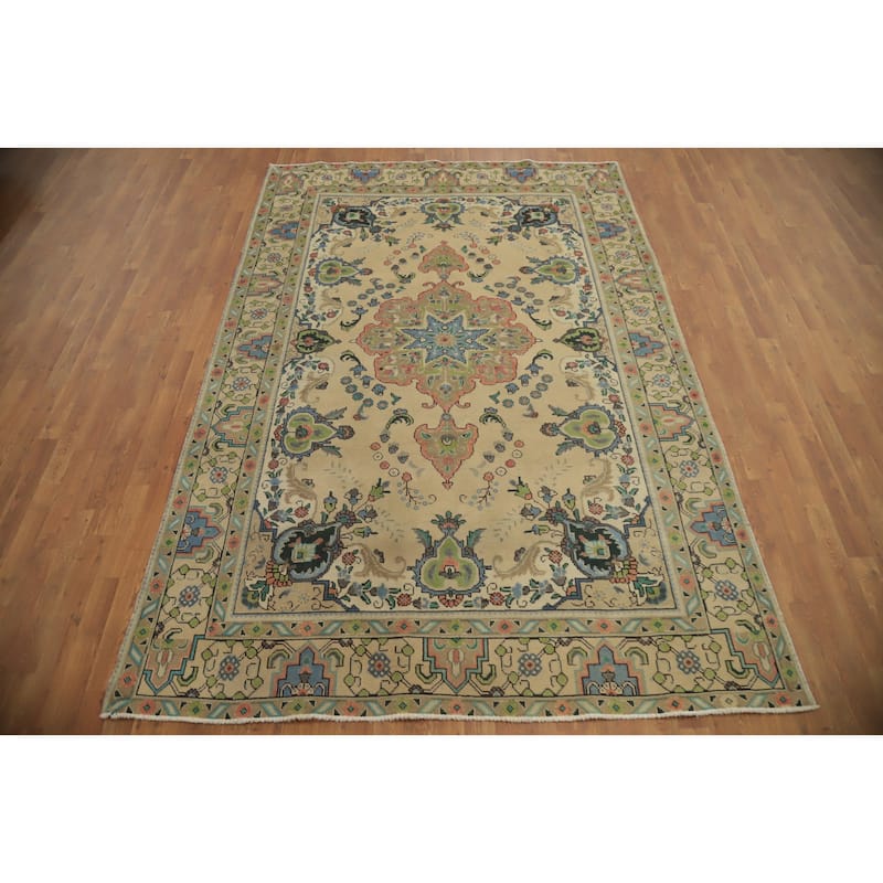 Hand Knotted Oriental 100% Wool Carpet Traditional Floral Beige & Ivories Tabriz Area Rug - 9' 3'' X 6' 4''