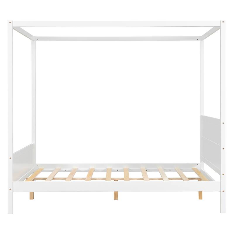 Queen Size White Canopy Platform Bed with Headboard, Footboard and Slat Support