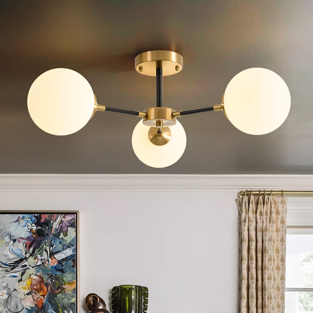 3-Light Brass Black Frosted White Glass Sputnik Semi Flush Mount - 26 Inches