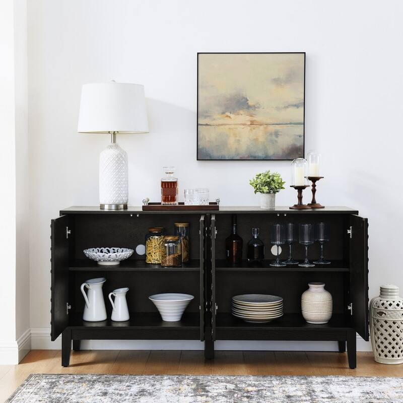 60.5" Farmhouse Fluted Sideboard – Mid-Century Modern TV Stand with Geometric Design & Adjustable Shelves for Living Room.
