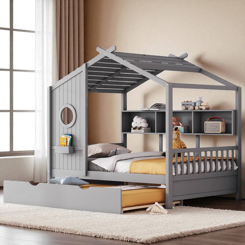 Wooden Twin/Full Size House Bed with Trundle, Storage Shelf & Roof Design - Kids Modern Playhouse Bed Frame
