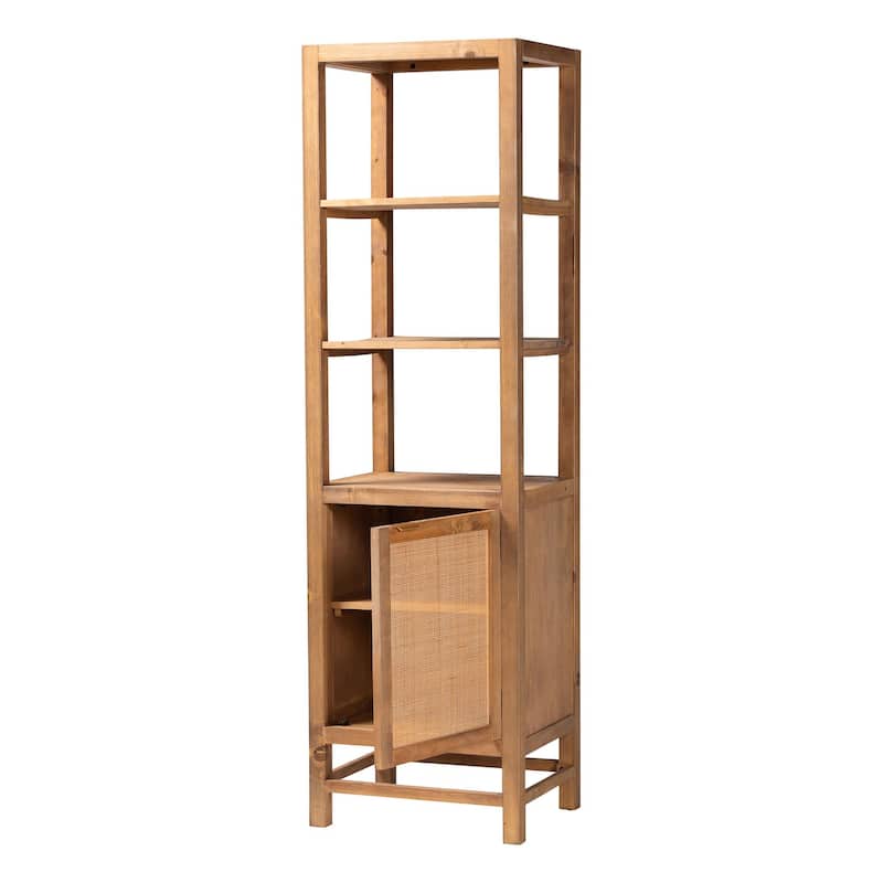 Sibu Storage Cabinet with Rattan Door - Tall Accent Display Tower with Open Shelves and Cabinet for Living Room or Bedroom