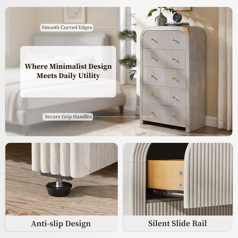 Modern Fluted 5 Drawers Dresser, Wood Chest of Drawers for Bedroom