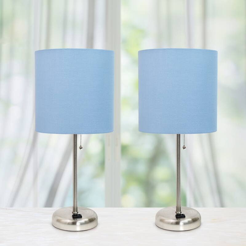 19.5 in. Brushed Steel Finish Table Lamp with Blue Shade, Desk Lamp for Writing and Computer Desks, Set of 2