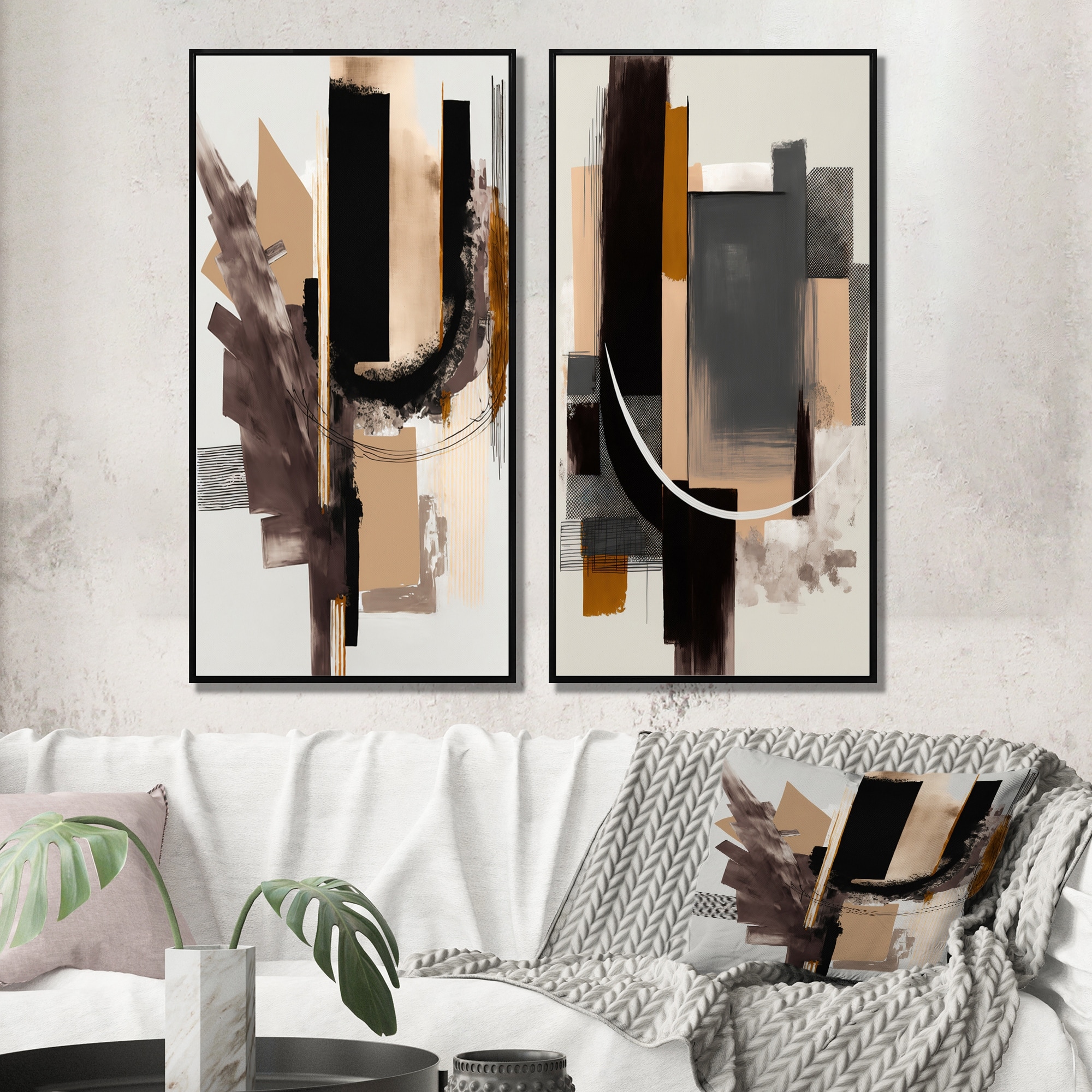 Designart "Warm Watercolor Abstract" Abstract Framed Wall Art Set Of 2 - Black Wall Art Set Of 2