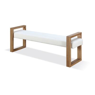 Rux 68 Inch Dining Bench, White Fabric Upholstery, Sled Legs, Brown Wood
