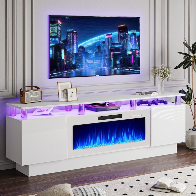 BOSSIN 70 Fireplace TV Stand with 36 Electric Fireplace， LED Light Entertainment Center Modern 2-Tier TV Console Stand - White