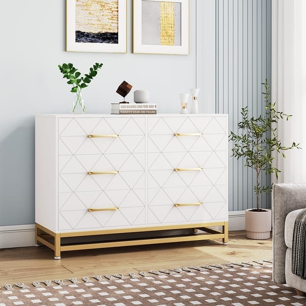 modern dresser under 200 6 Drawer Wood Dresser for Bedroom, Modern Storage Chest with Gold Handles and Metal Base