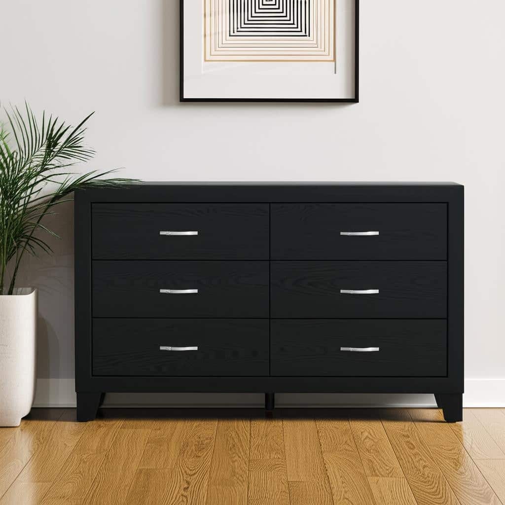 HomeRoots 58" Black Wood Six Drawer Double Dresser