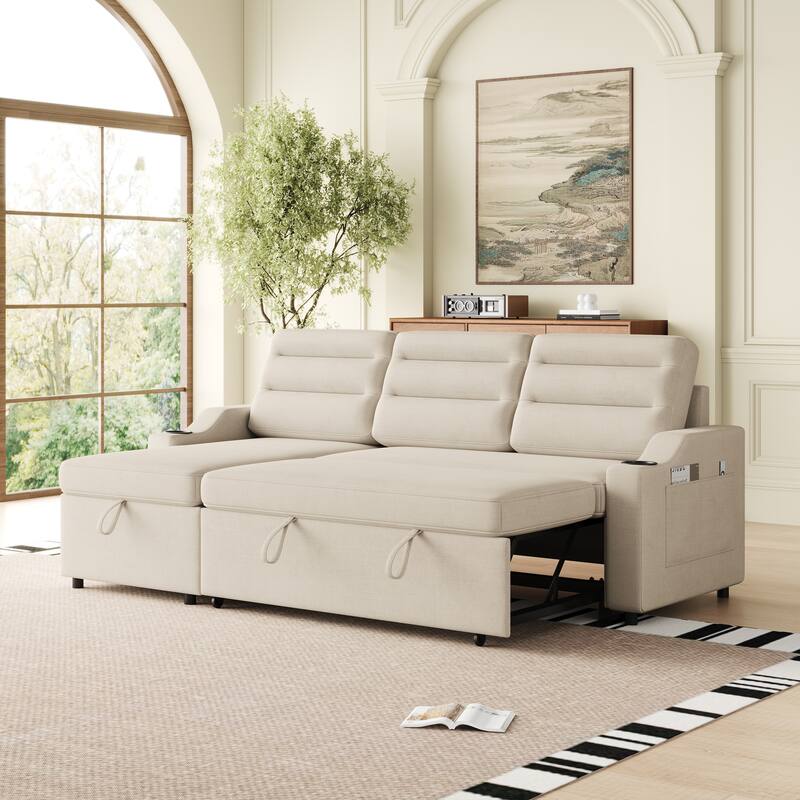 83.5-Inch Convertible Sofa Bed - Stylish Polyester Recliner with Storage for Small Spaces