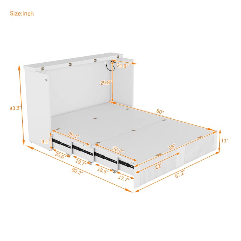 Full Size Murphy Bed with Pulley Design, Drawer, and USB Ports