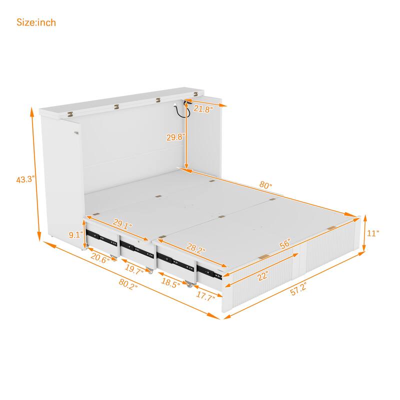 Full Size Murphy Bed with Pulley Structure, Drawer & USB