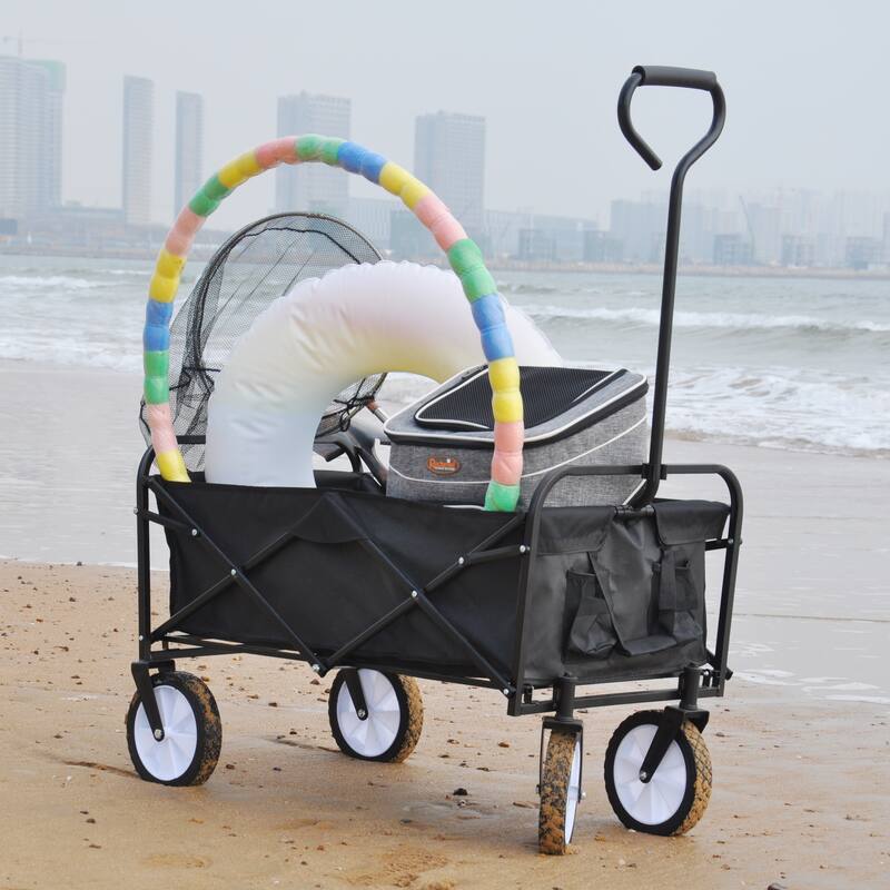 Folding Utility Wagon, Heavy Duty Steel Frame, 150lbs Capacity, Waterproof 600D Polyester, Adjustable Handle for Outdoor