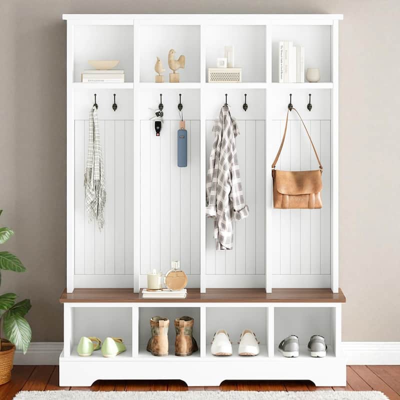 Farmhouse 59 in Hall Tree with 8 Hooks, Bench with Open Cubbies, 76.7 in H Entryway Coat & Shoe Organizer