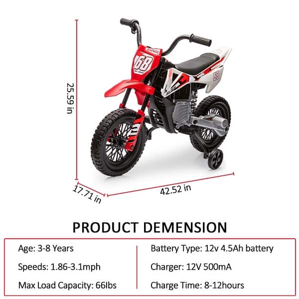 dimension image slide 0 of 2, 12V Kids Electric Motorcycle with Traning Wheels