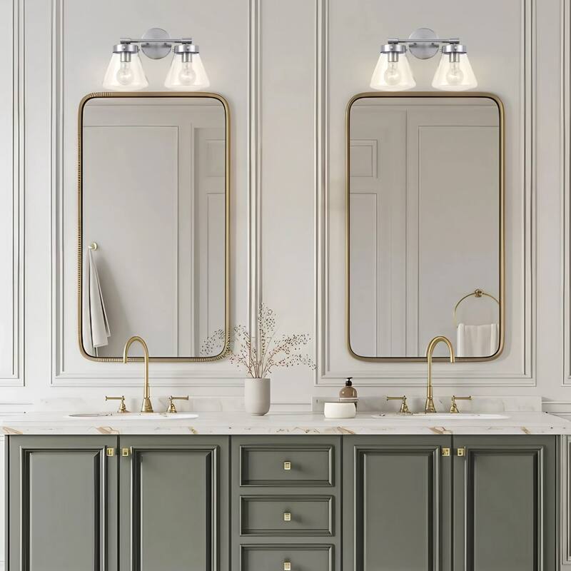 Glam Modern Farmhouse 2-Light Nickel Vanity Light - 15.3"L x 7.67"W x 10.1"H