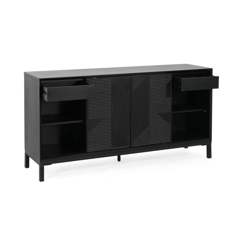 60" Wood Sideboard Buffet Cabinet with Geometric Pattern Doors, Modern Sliding Doors Storage Cabinet for Kitchen, Entryway