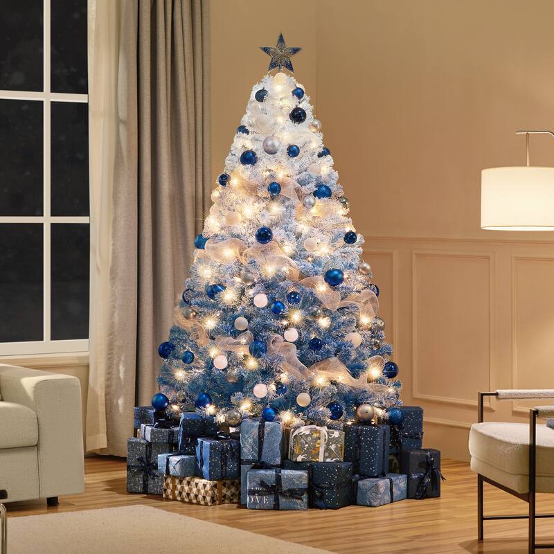 Yaheetech 4.5ft/6ft/7.5ft Pre-lit Flocked Artificial Christmas Tree with Incandescent Warm White Lights - 6 Foot