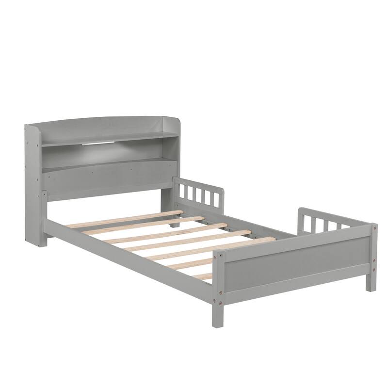 Wood Bed with Bookcase Headboard ,LED Motion Sensor and Guardrails