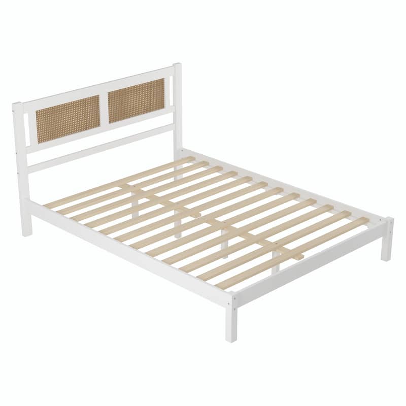 Wood Platform Bed with Natural Rattan Headboard, Elegant Minimalist Design