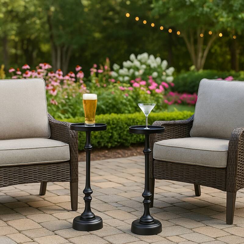 Glam Black Powder-Coated Steel Martini Pedestal Side Table, Indoor/Outdoor, Black - Set of 2 tables
