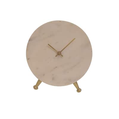 Lg. Marble Table Clock Antique Brass 8"Dia