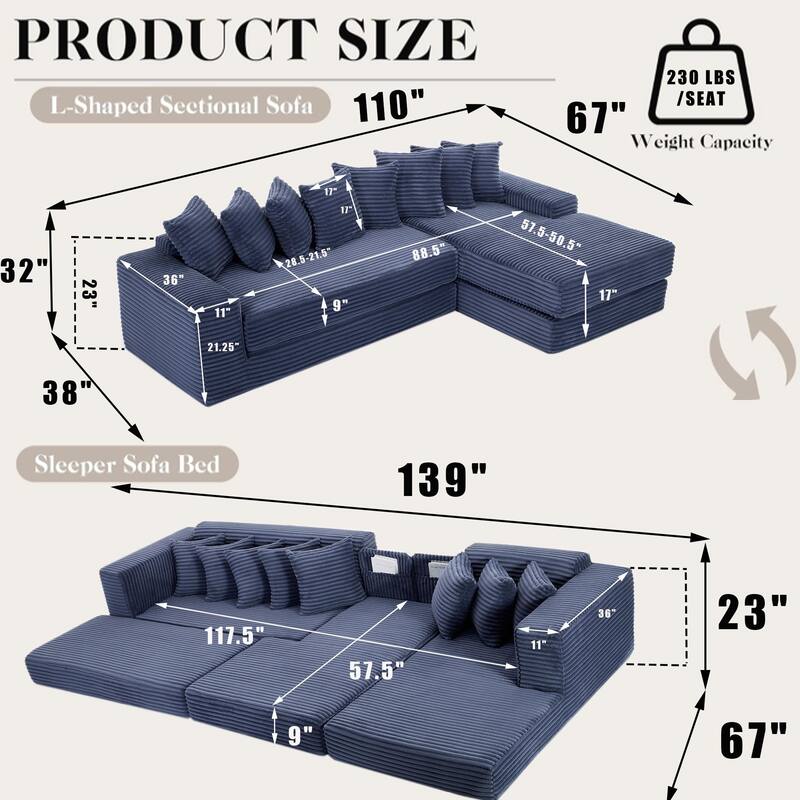 Corduroy L-shaped Chaise Sectional Sofa Convertible Sleeper Sofa Bed