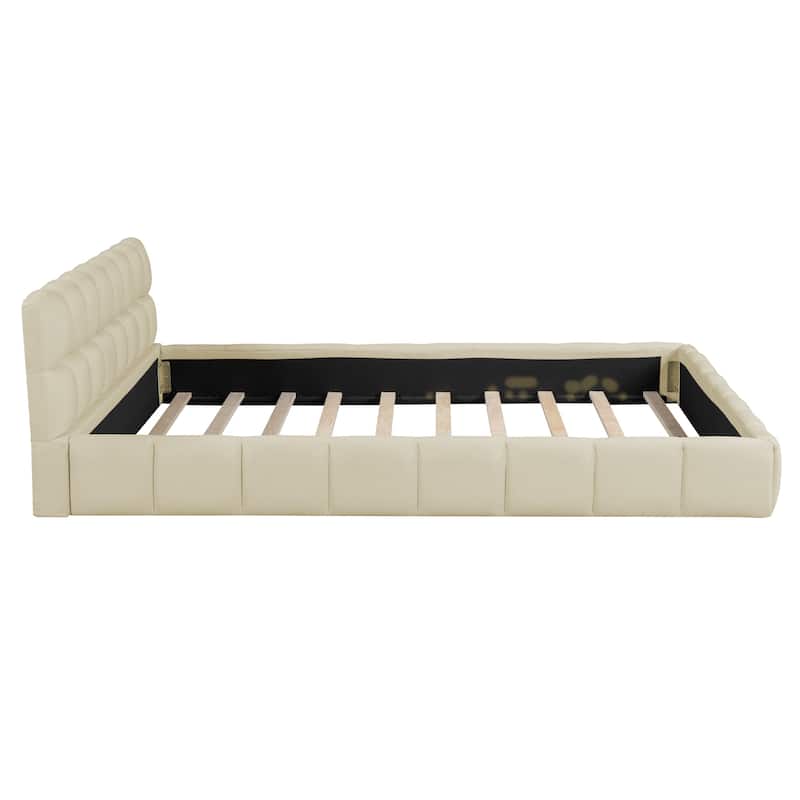 Upholstered Low Platform Bed with Thick Fabric, Queen Wooden Grounded Bed Frame with Wingback, No Box Spring Needed