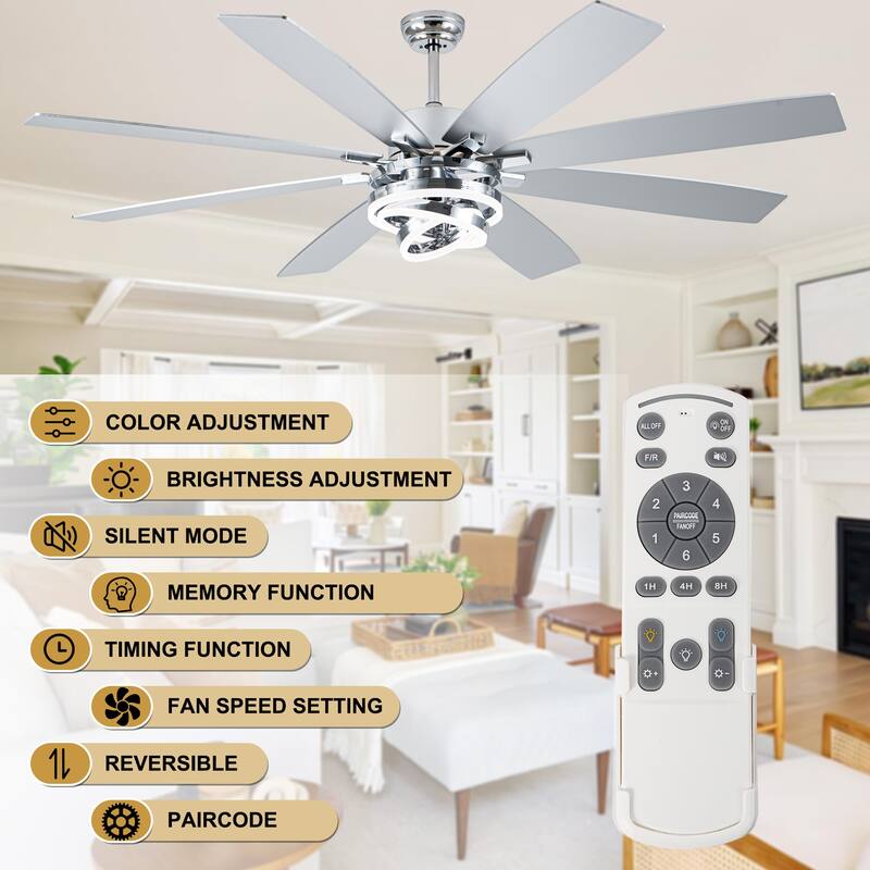 Cusp Barn 52"/72" Modern Large Dimmable LED Ceiling Fan with Lights and Remote, Reversible 8-Blade DC Motor DIY Shape Chandelier