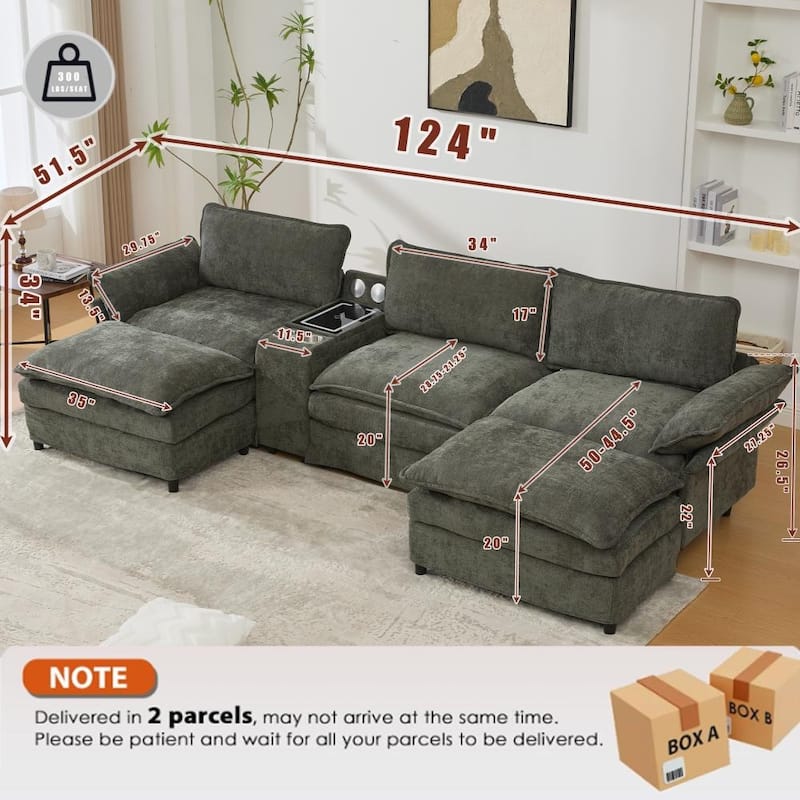 Modern Modular Sectional Sofa with Storage Console and Wireless Charging, Ottomans
