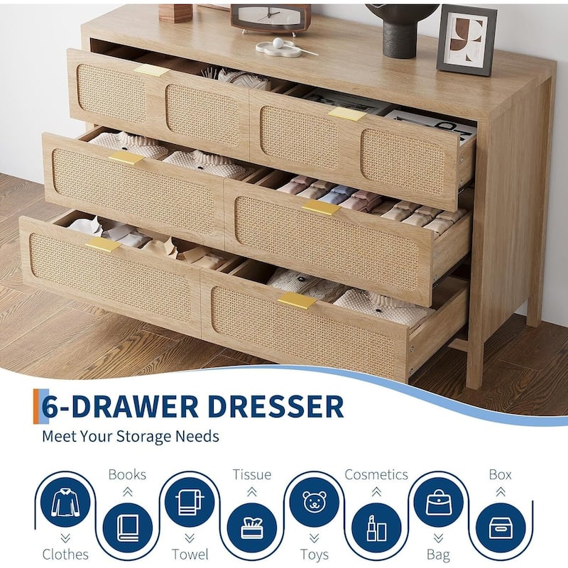 Vintage 6 Drawer Rattan Dresser TV Stand for Bedroom, Living Room