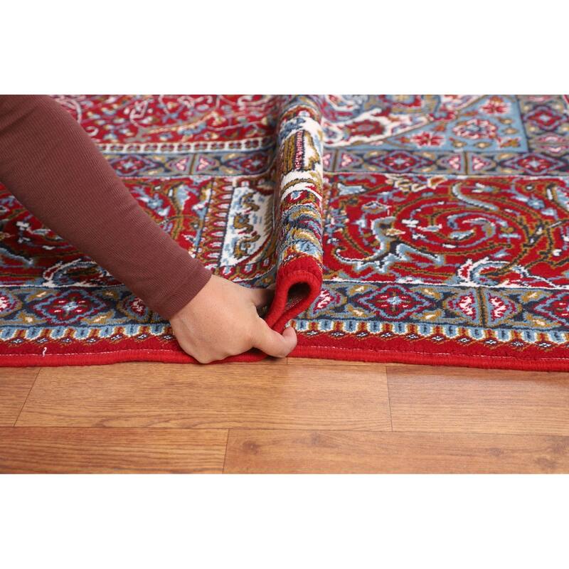 Pictorial Red Floral Kashan Turkish Area Rug Machine-Made Carpet - 9'8" x 12'11"