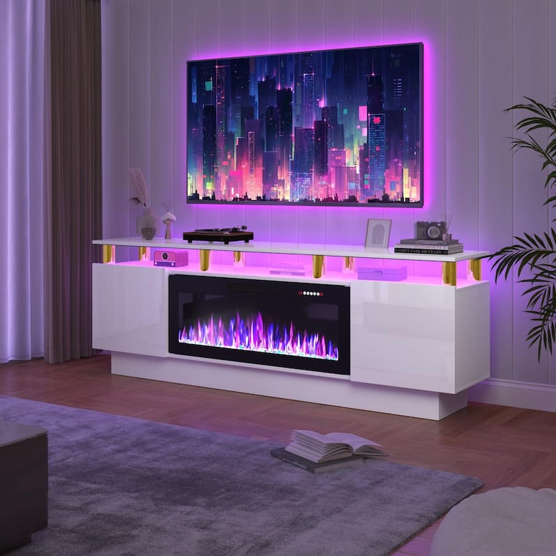 BOSSIN 70" Modern Electric Fireplace TV Stand, with Electronic Flame and LED Lights, High Gloss Finish Entertainment Center