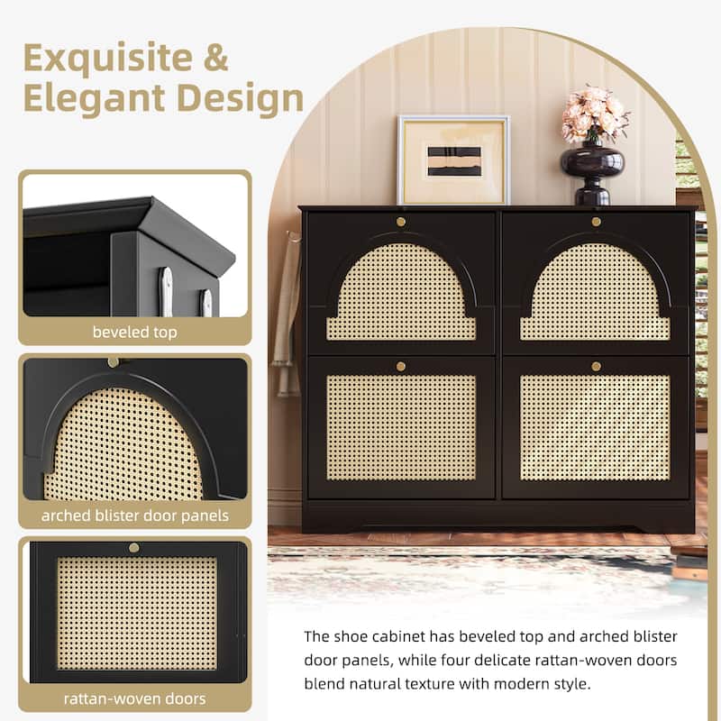 Mid-Century Rattan Flip Drawer Shoe Cabinet with 4 Narrow Doors, Entryway Organizer with Hooks, Freestanding Shoe Storage